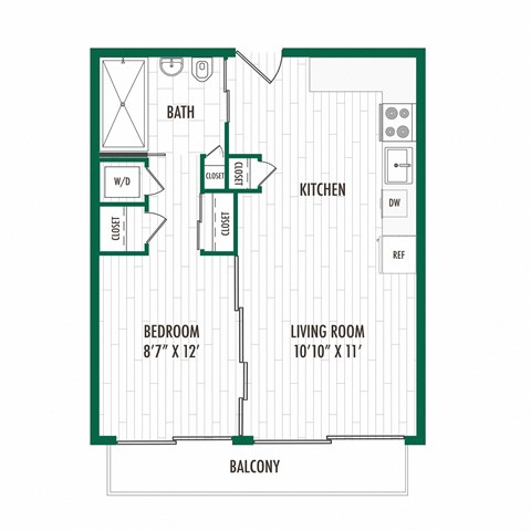 Floor plan for 1 bed, 1 bath, 560 sqft